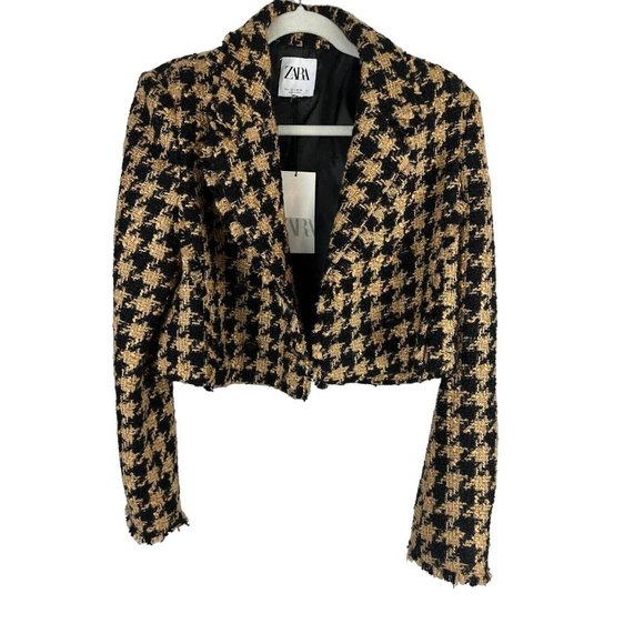 New ZARA Tweed Houndstooth Cropped Textured Blazer Jacket Women's Brown Size L - Picture 7 of 9